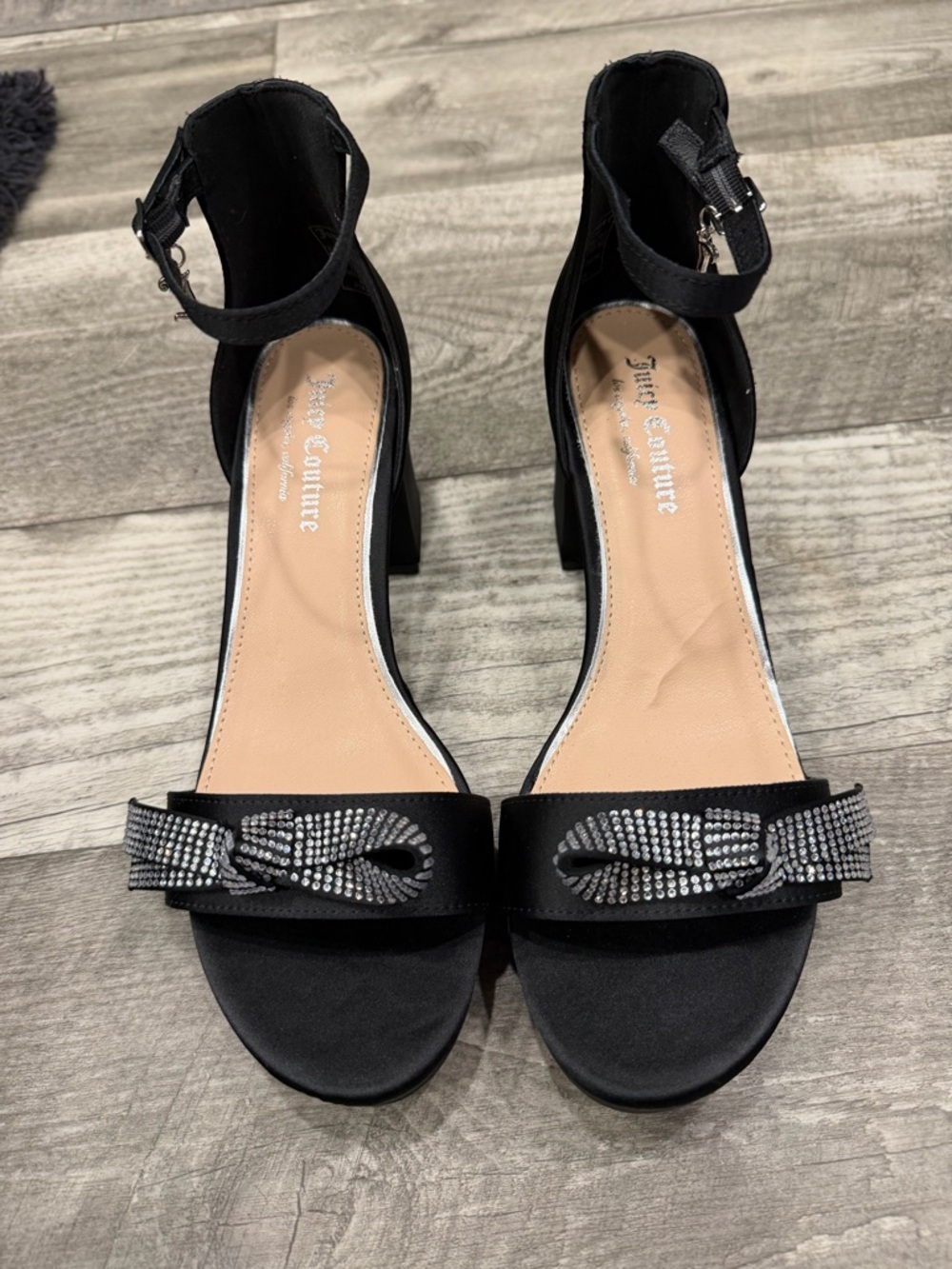 Juicy Couture Black Satin Rhinestone Bow Ankle-Strap Heels